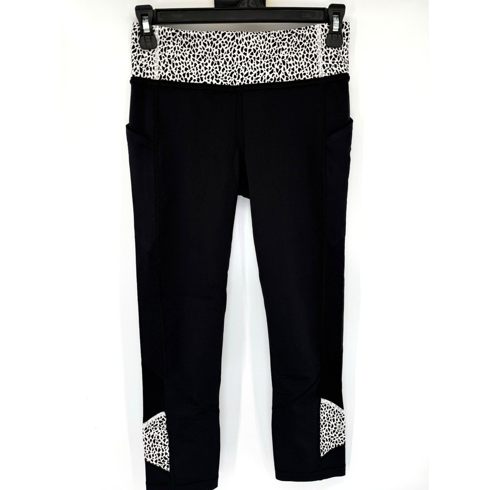 Lululemon Leggings Womens 4 Black Speed Up Crop Animal Print Pockets Mesh Active